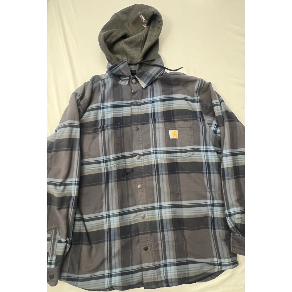 Carhartt TJ5621 Plaid Hooded Fleece Lined Jacket Gray Blue Men's Large Work
